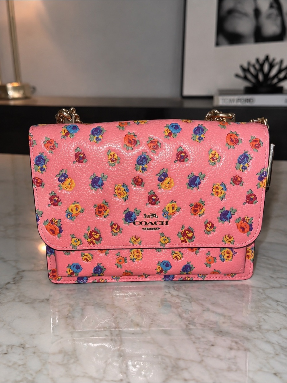Coach Pink Floral Leather Crossbody with Gold Chain